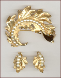 NAPIER STYLIZED LEAF WITH FAUX PEARLS PIN & EARRINGS SET