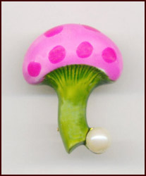 TINY PINK ENAMELED MUSHROOM PIN with FAUX PEARL