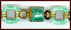 ART DECO JADE GREEN GLASS & BRASS LINK BRACELET 