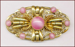 ORNATE CZECH PIN WITH PINK MOONGLOW CABOCHONS