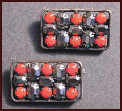 PAIR ART DECO RED & SILVER GLASS PINS